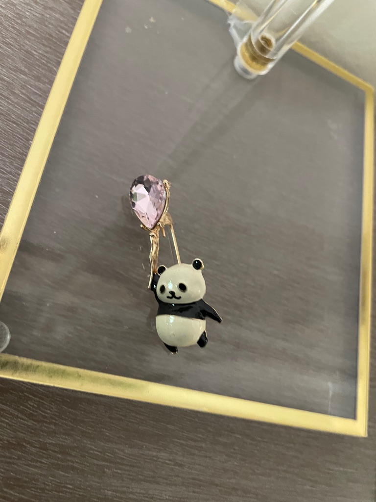 Artisan Pink And Black Panda Brooch With Gold Stem 25$